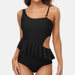 Black Peplum Asymmetrical Cutout One-Piece - Sz Large